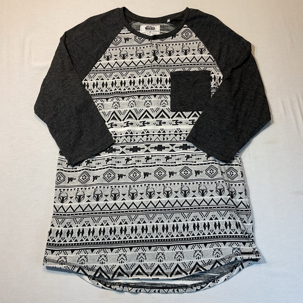 Star Wars Long Sleeve Over Long Sleep Shirt, Heather Black w/White Design Size L